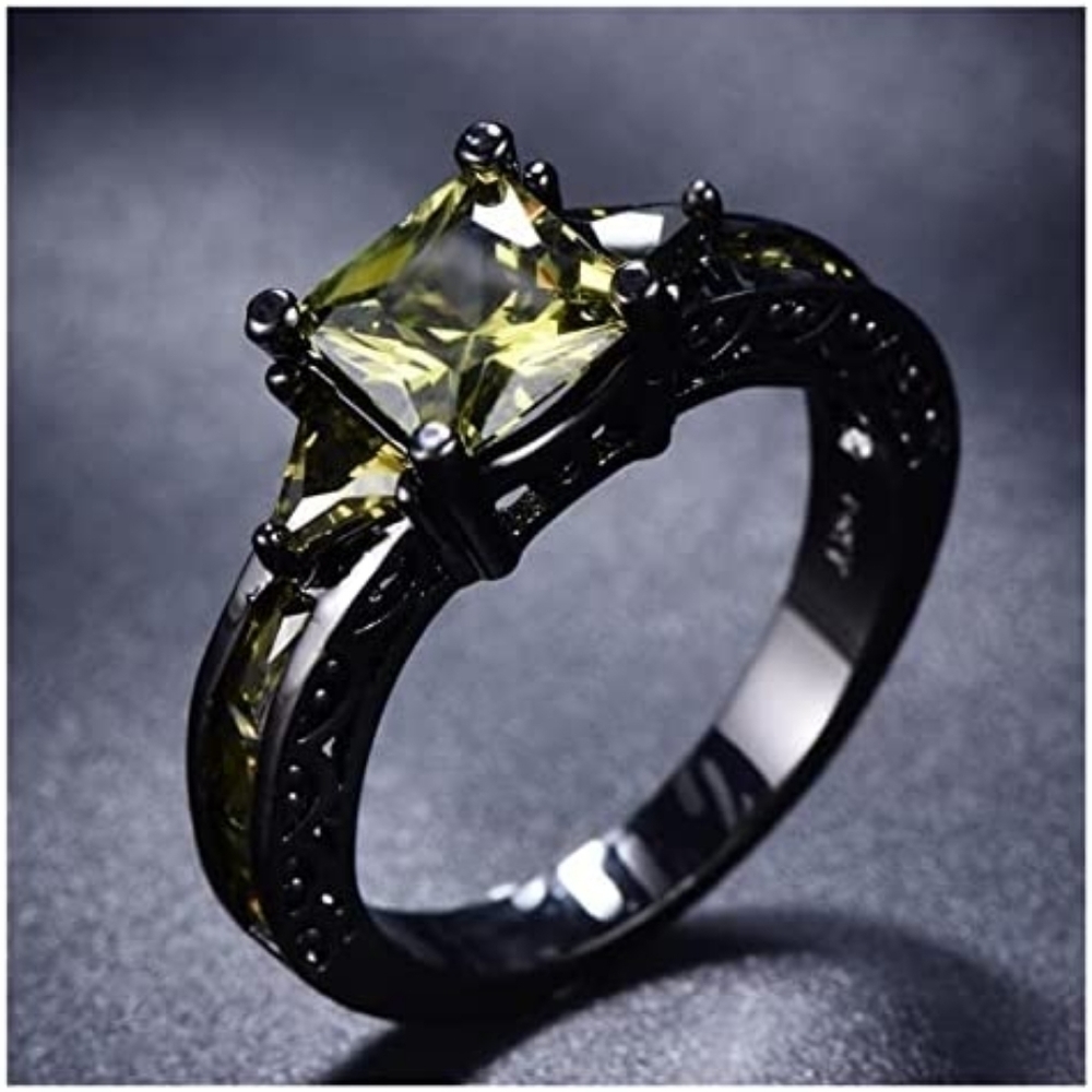 Olive Green Princess Cut Black Ring
